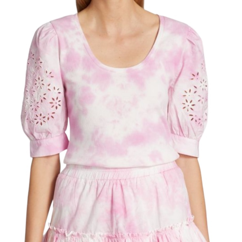 Generation Love | Liv Eyelet Puff Sleeve Ribbed Tie Dye Top Pink Size Small